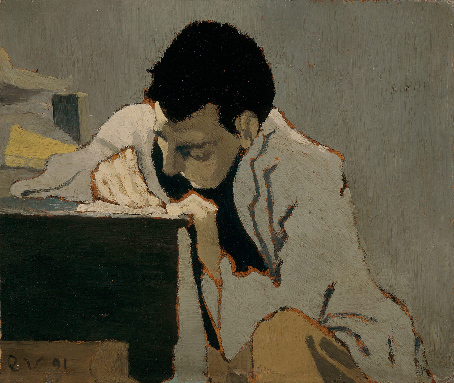 Impressionist painting of a man fervently writing.