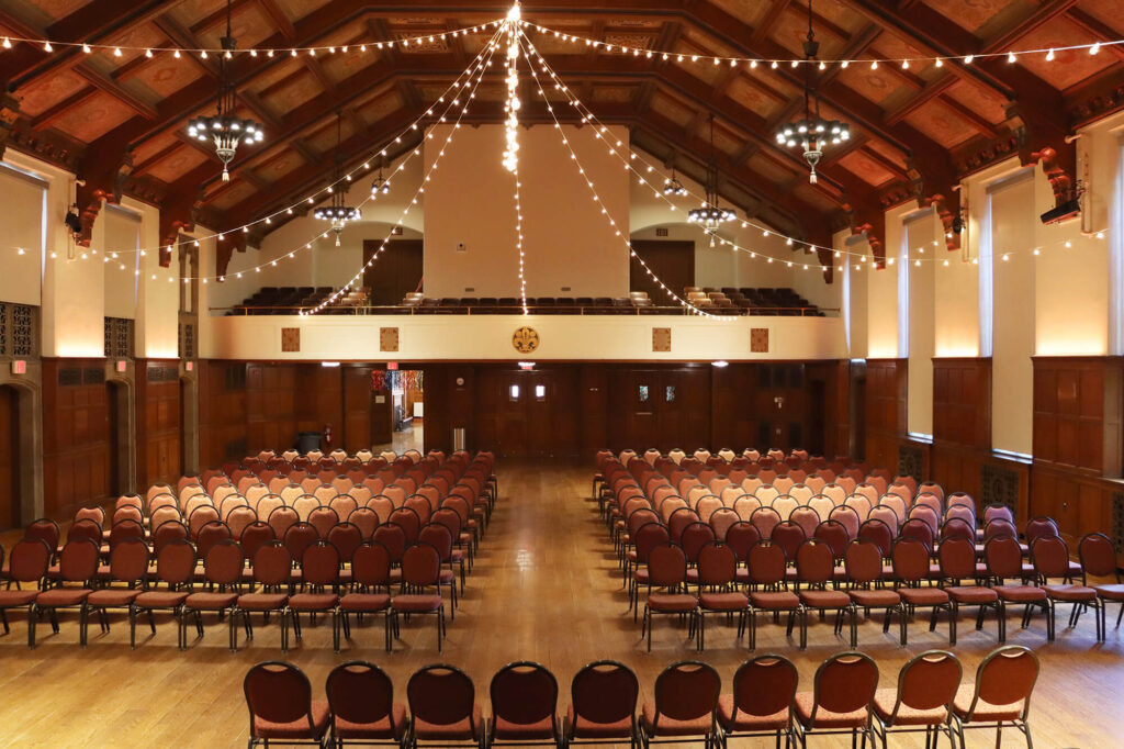 The M&T Bank Ballroom set up for a concert, with rows of chairs filling the space.