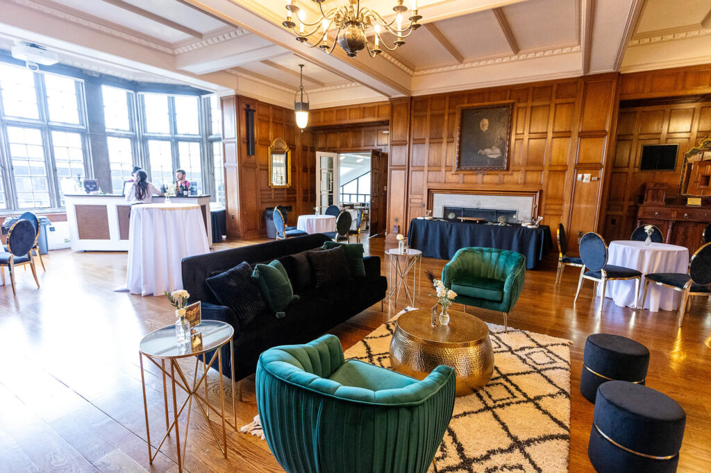 The Bausch & Lomb Parlor set up as a VIP lounge with high cabs and elegant seating.