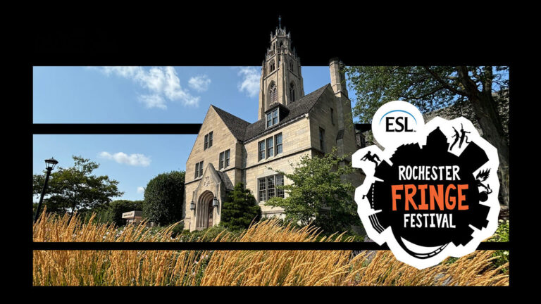 The ESL Rochester Fringe Festival logo over a photo of MAG's Cutler Union.