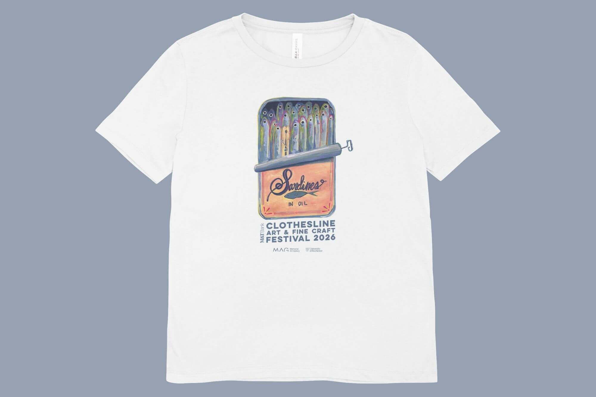 The 2026 Clothesline tee, which features colorful artwork of a tin of sardines.