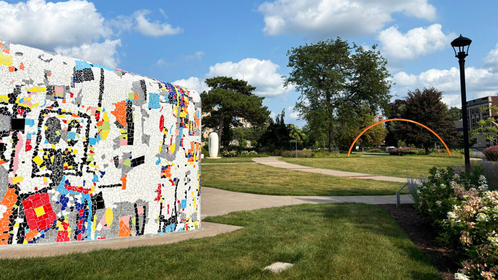 Sculptures by Rashid Johnson, Jun Kaneko, and Pia Camil in the Centennial Sculpture Park.