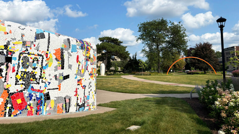 Sculptures by Rashid Johnson, Jun Kaneko, and Pia Camil in the Centennial Sculpture Park.