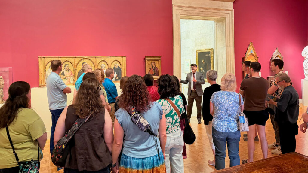 Fashion historian Brandon W. Brooks leads a tour in MAG's Renaissance gallery.