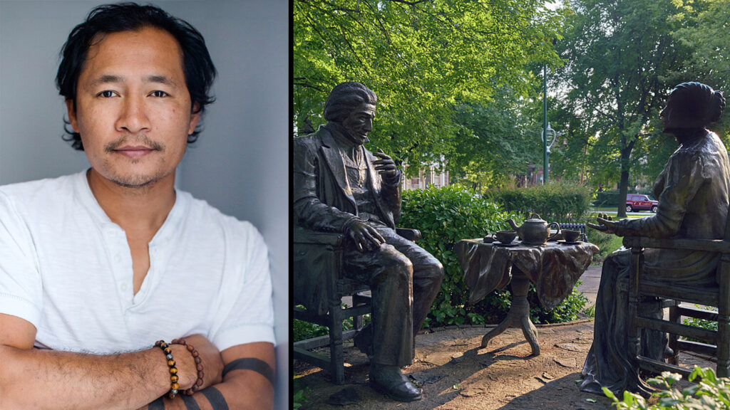 A headshot of Pepsy Kettavong next to a photo of his work "Let's Have Tea," a bronze statue of Susan B. Anthony and Frederick Douglass having tea together.