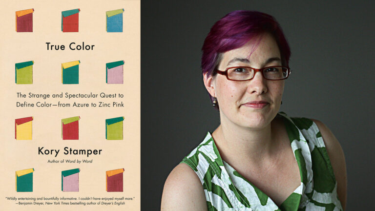 The cover of the book "True Color" by Kory Stamper next to the author.