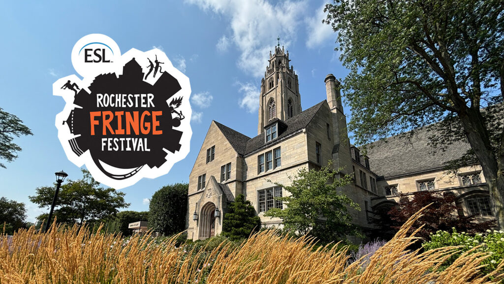 The ESL Rochester Fringe Festival logo over a photo of MAG's Cutler Union.