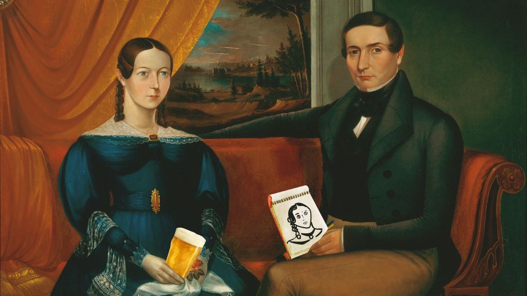 A nineteenth-century portrait of a man and a woman on a couch, with a pint photoshopped into the woman's hand and a sketchpad in the man's.