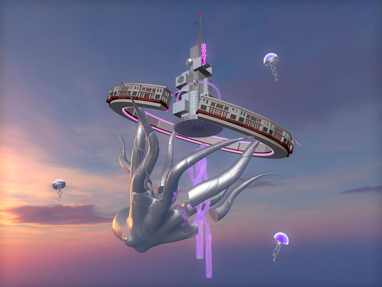 A strange organic space station against a sunrise, 3D-rendered.