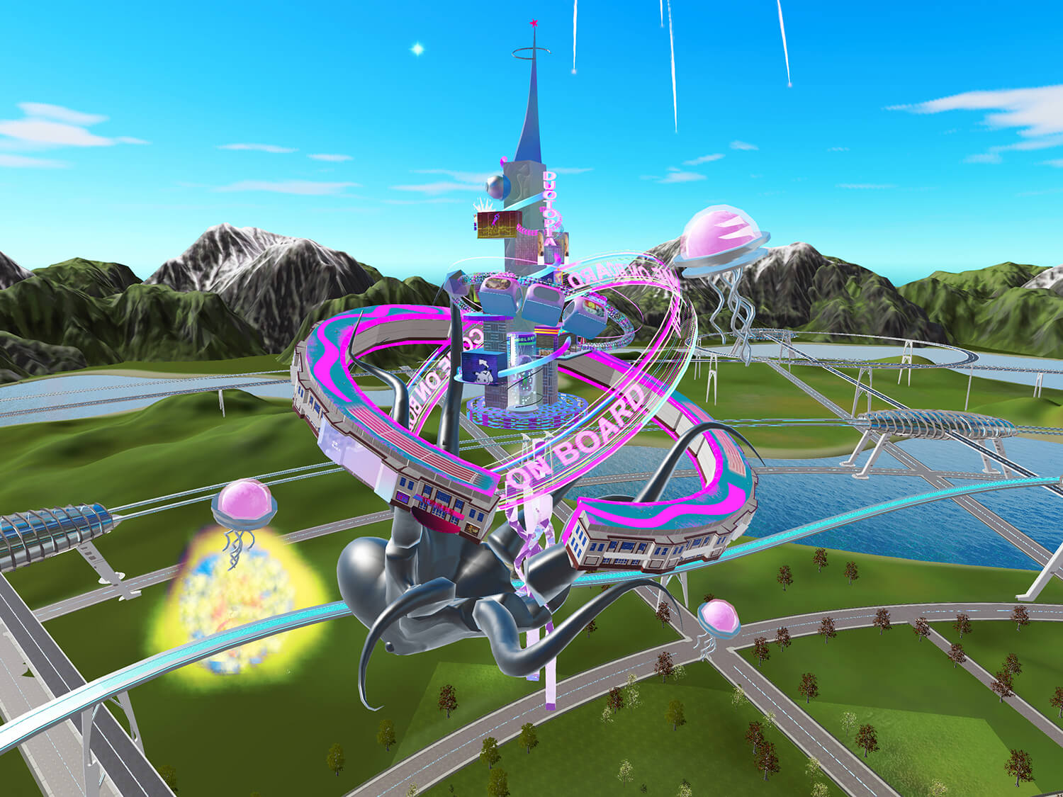 A strange castle-octopus space station hovering over a 3D-rendered landscape.
