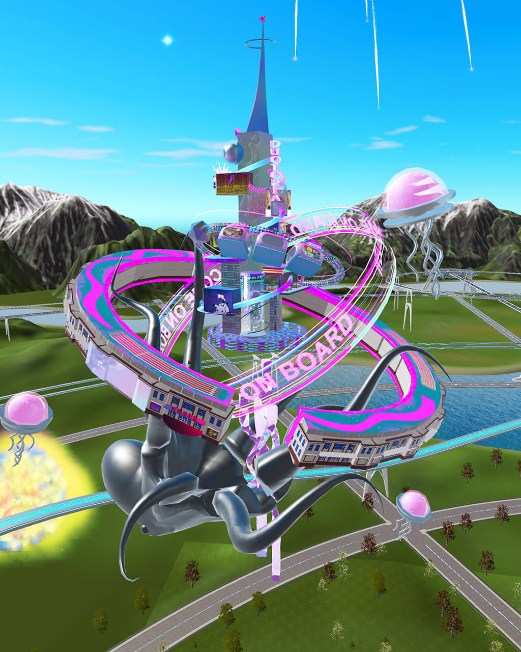 A strange castle-octopus space station hovering over a 3D-rendered landscape.