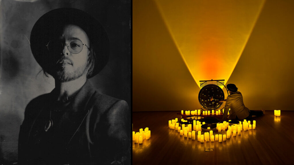 Two photos of Harold Taddy separated by a thin, dark line. The left photo is a moody, monochrome headshot. The right shows him playing a gong, surrounded by candles on a stage.